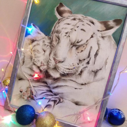 Картина пастелью "Белые тигры"